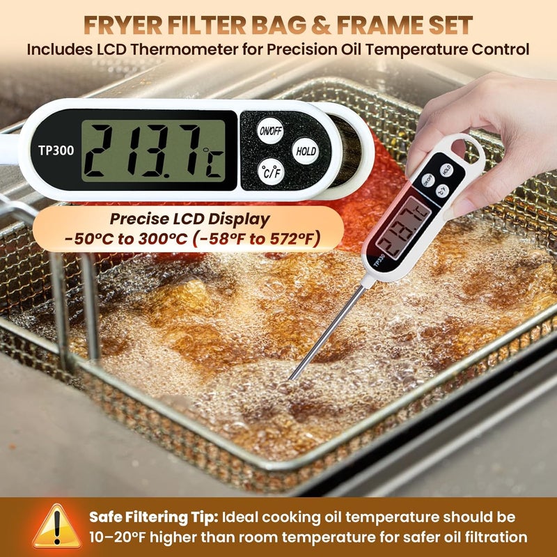 Willgoon Fryer Filter Bag & Frame Set, Reusable Oil Strainer for 70 lb Cooking Oil, Fine Mesh to Capture Crumbs, Durable for Home & Commercial Use, with 1 Professional Food Thermometer - Image 5
